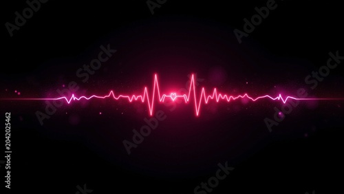 Neon Heartbeat Pulse Line with Audio Waveform on Black Background