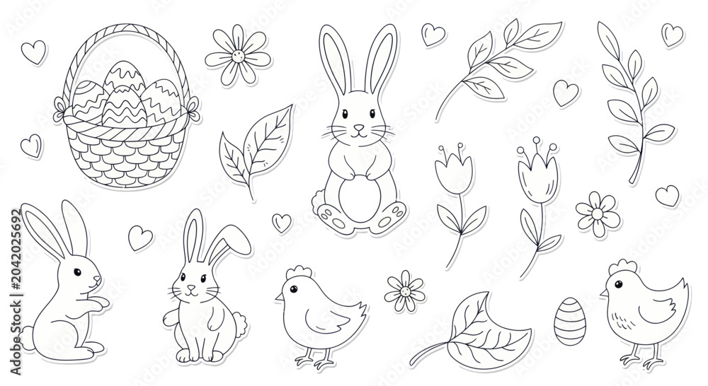 Obraz premium Easter Holiday Elements Collection Hand Drawn Outline Style.