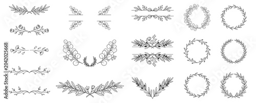Φωτογραφία set of black line art floral ornamental borders and wreaths vector illustration