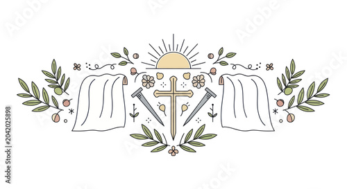 Fotografía Easter religious symbols with cross nails and shroud in hand drawn style