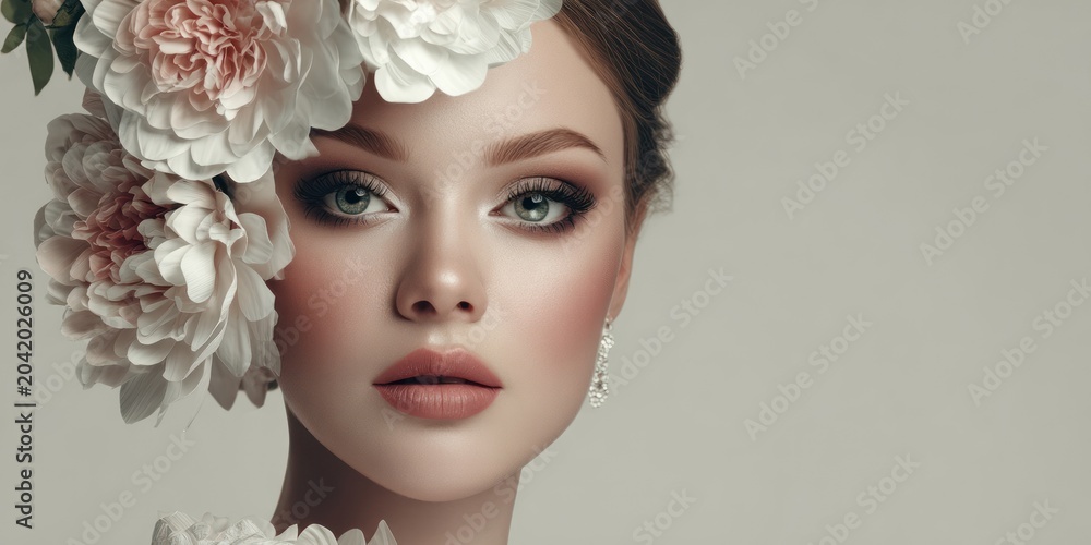 Fototapeta premium Woman with floral headpiece and elegant makeup in a studio portrait