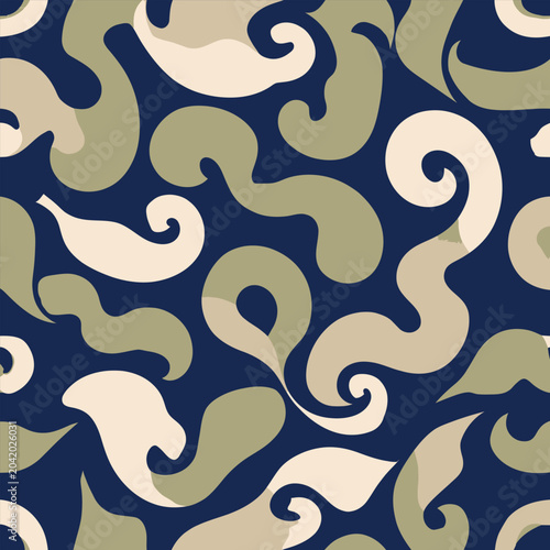 Seamless vector pattern with abstract wavy scrolls and fluid organic shapes. Modern retro wallpaper design in navy blue, sage green, and cream for textile fabric