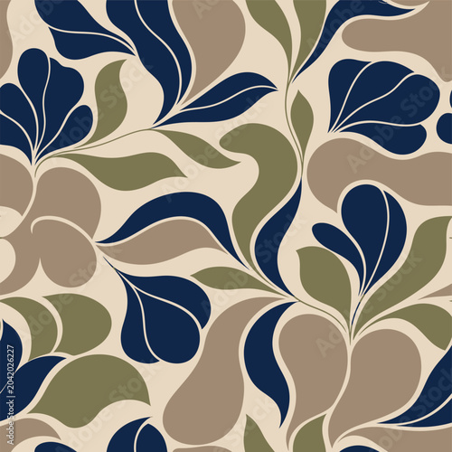 Seamless vector pattern with abstract organic leaves and liquid shapes. Elegant floral wallpaper in navy blue, sage green, and beige colors for textiles