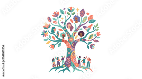 Quadro su tela Colorful Tree with Diverse People Celebrating Unity and Nature.