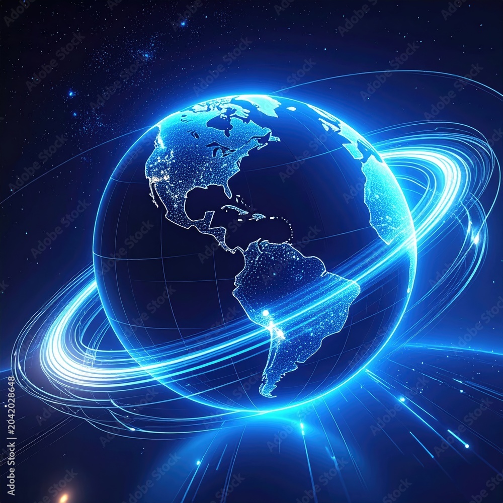 Fototapeta premium Digital Earth with Glowing Blue Orbiting Rings and Starry Background.