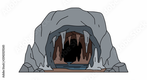 Cartoon cave entrance with stalactites, stalagmites, and a dark opening