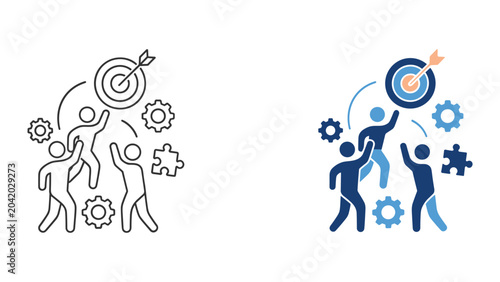 Konstfotografi Business team working together to reach common target goal with gears and puzzle