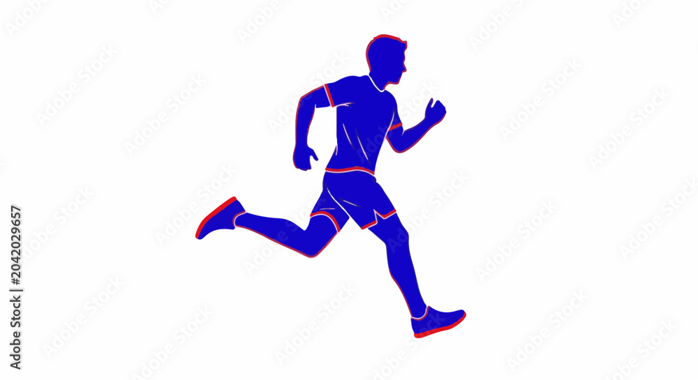 Obraz premium Blue runner silhouette with red outlines, in motion