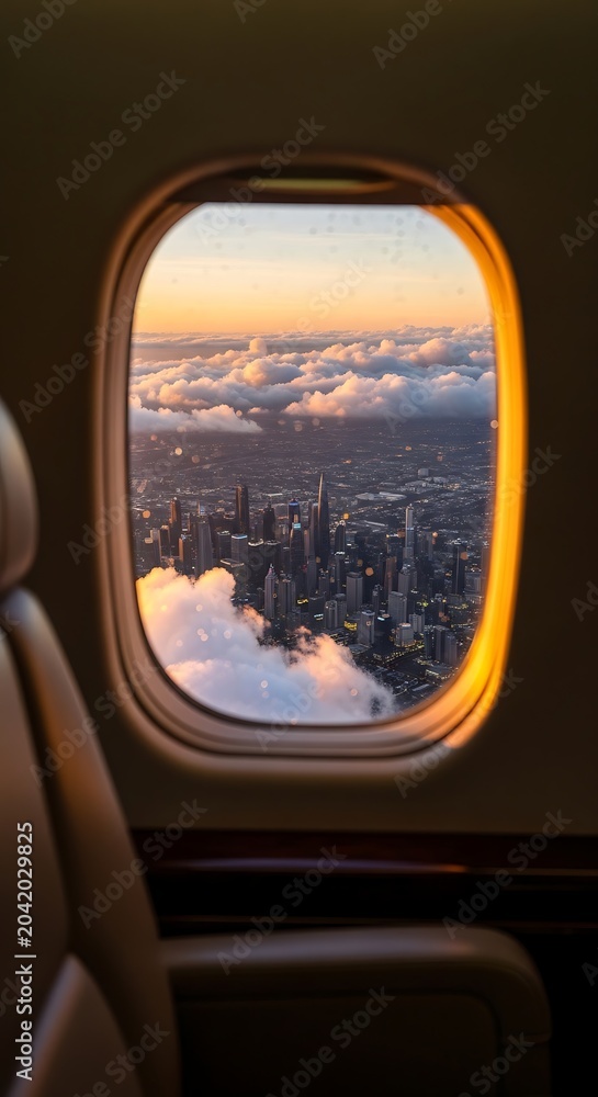 Naklejka premium Airplane Window View of City Skyline Above Clouds at Golden Sunset