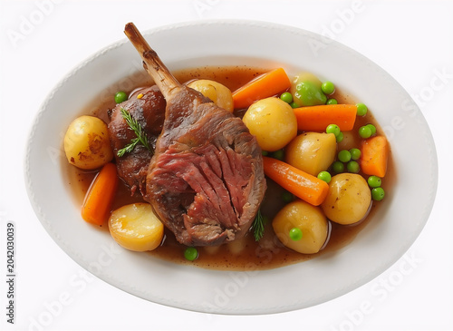 Traditional Roast Lamb Dinner with Vegetables and Potatoes Top View