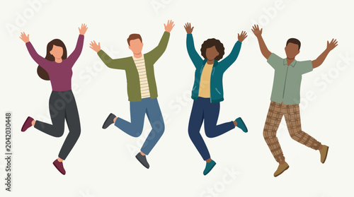 Obraz na płótnie Diverse group of happy people jumping in celebration with arms raised