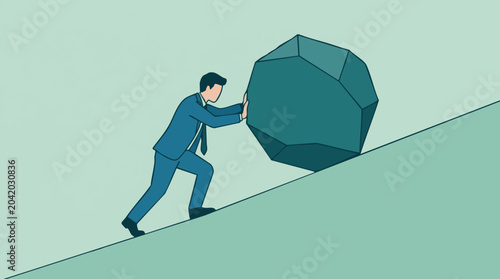 Photography Businessman pushing large geometric rock uphill, symbolizing challenge and effor