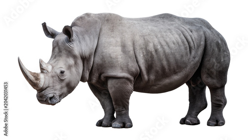 Cuadro en lienzo Grey rhinoceros with two horns standing profile view