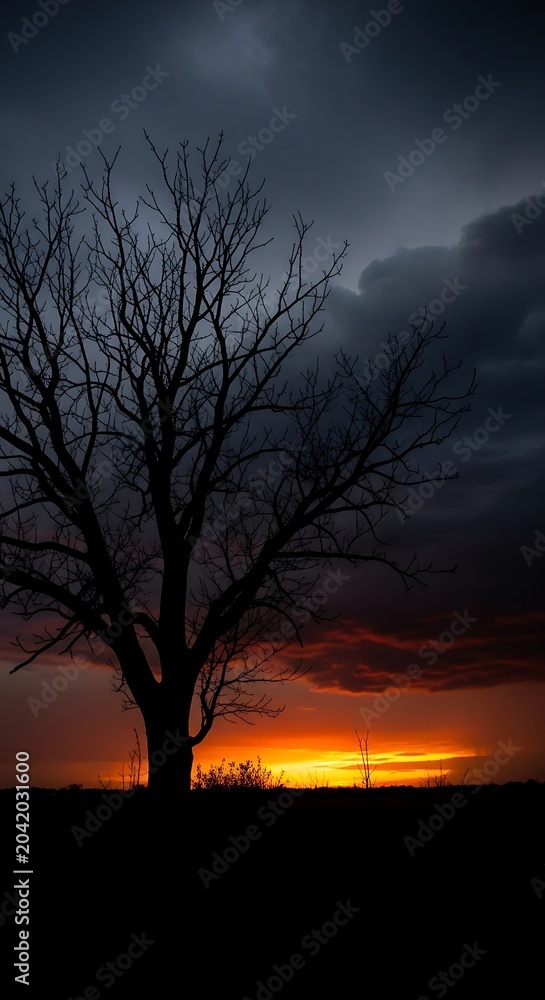 Naklejka premium Bare Tree Silhouette Standing Against Dramatic Sunset Sky in Open Landscape