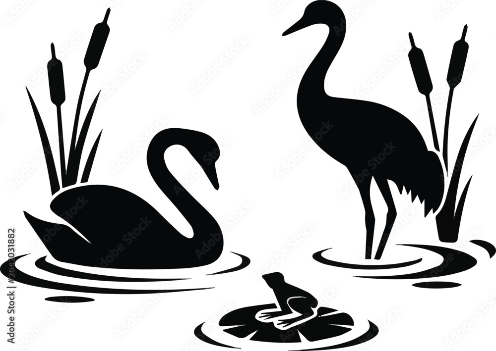Naklejka premium Isolated on wetland silhouette scene with swan crane frog reeds and water lily vector art on white background