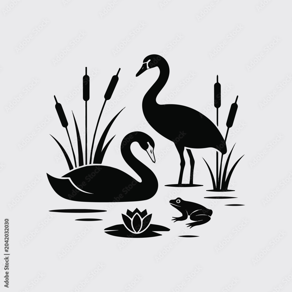 Naklejka premium Isolated on wetland silhouette scene with swan crane frog reeds and water lily vector art on white background
