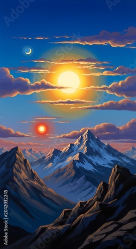 Dramatic Snowy Mountain Peaks Under Glowing Sunset Sky