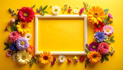 A vibrant yellow backdrop frames a blank rectangle with a colorful floral border composed of diverse blossoms