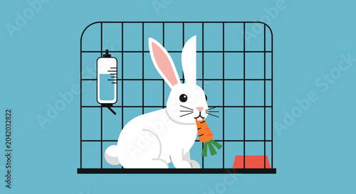 White rabbit inside a cage eating carrot cartoon style illustration