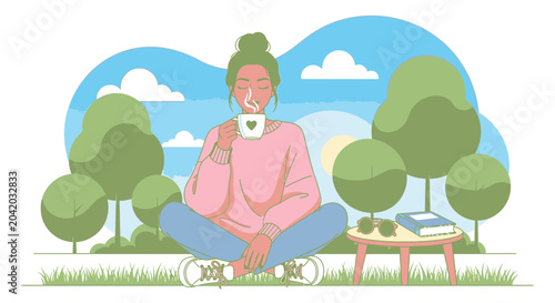 Woman enjoying coffee outdoors illustration peaceful moment tranquility