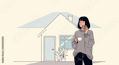 Woman holding rabbit illustration sitting indoors neutral background copy space