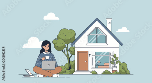 Woman works remotely at home with laptop computer and coffee drink