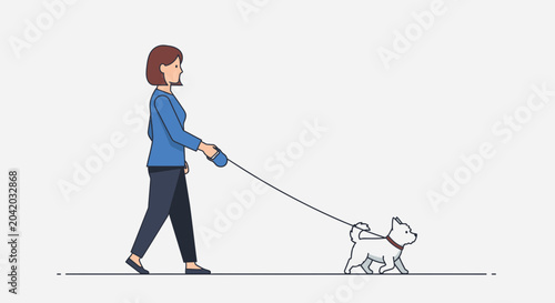 Woman walking dog on leash illustration white background simple design
