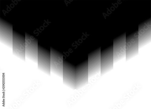 Vector background with triangular transition from black to white. Striped columns. Halftone pattern from lines. Design element, arrow, pointer. Modern vector background.