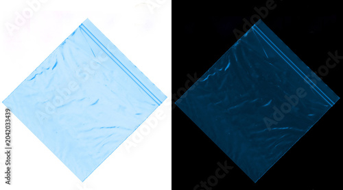 Transparent plastic zip bag texture, blue polyethylene storage pouch on white and black background, wrinkled synthetic material surface for packaging design