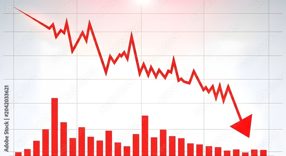Fototapeta premium Declining graph, falling chart, red downward trend, business finance indicator