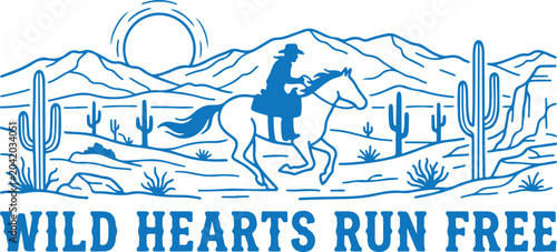 Foto Cowboy riding horse in desert landscape with mountains cacti and sun wild hearts run free text vector