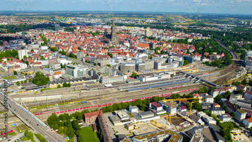 Fotografija Aerial view beside the old town of the city Ulm and the Münster cathedral the largest church tower in the world on a sunny noon in spring in Germany, Baden-Württemberg
