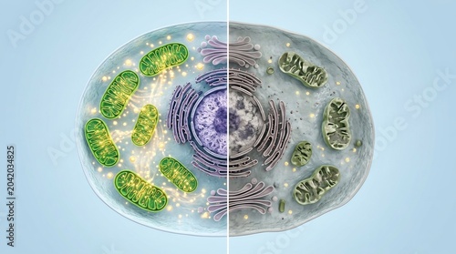 Comparison of healthy and damaged animal cell organelles showing mitochondrial dysfunction and loss of cellular energy