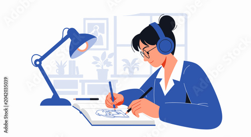 Woman drawing with headphones in a bright room illustration