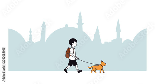 Young person walking dog with city silhouette background illustration