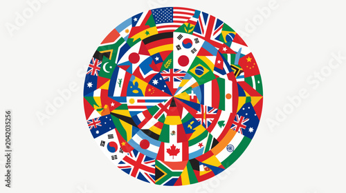 Circular World Flags Mosaic Representing Global Unity and Cultural Diversity