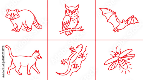 Red line art icons of animals raccoon owl bat cat lizard and insect.