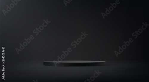 Black background vector 3d with black podium. Cylinder abstract minimal scene with geometric platform. Space for selling products on the website. Business backdrop. Vector illustration.