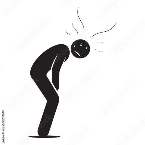Foto Exhausted stick figure vector icon bending over with sweat drops and heat lines
