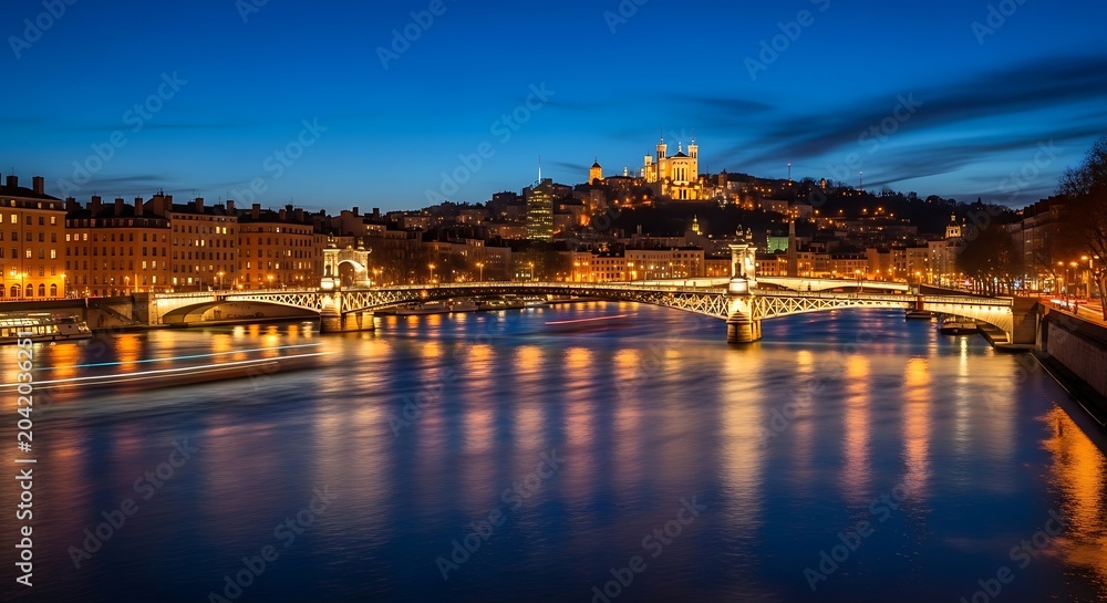 Fototapeta premium Illuminated Historic Bridge Spanning Calm River in European City at Twilight