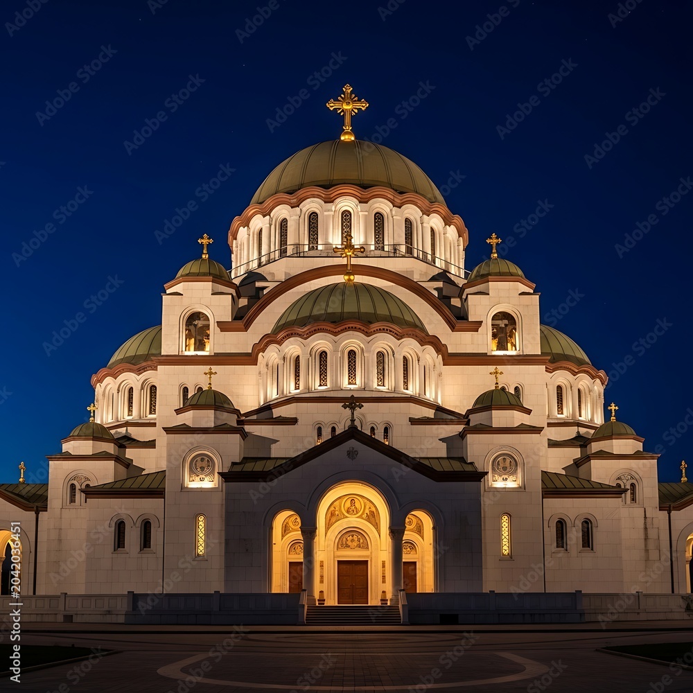 Fototapeta premium Illuminated Orthodox Cathedral Standing Under Deep Blue Night Sky