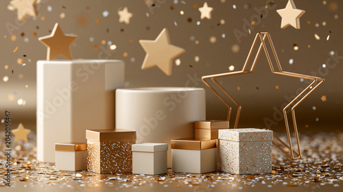 Minimal New Year studio scene, monochrome champagne gold color palette, elegant matte gold background and floor, simple stylized geometric star and confetti shapes arranged cleanly