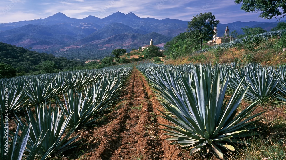 Fototapeta premium Agave plants grow on fertile land in Jalisco, Mexico's mountains. Farmers sow these plants to make mezcal liquor.