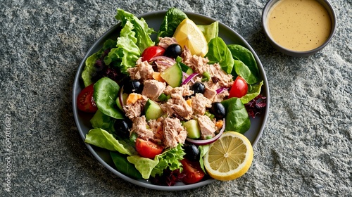 Tuna salad with dressing and greens sat on a stony surface.