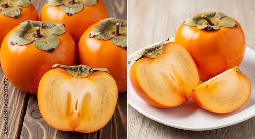 Ripe Orange Persimmons Cut and Whole Arranged on Wooden Table and White Plate