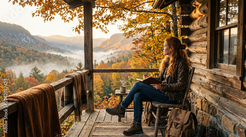Traveler journaling at rustic mountain cabin overlooking valley, reflective slow travel concept, mountain retreat, writing adventure, contemplative journey