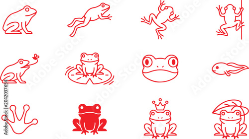 Canvastavla Collection of red line art frog icons and illustrations on transparent background