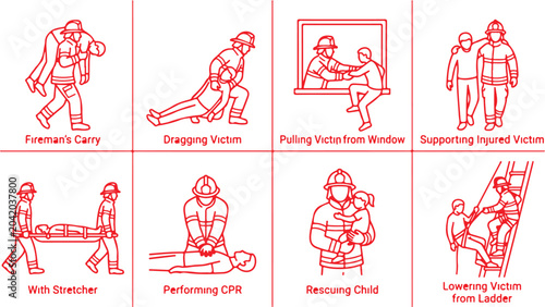 Photos Firefighter rescue actions red line art illustrations with descriptive labels on gray background