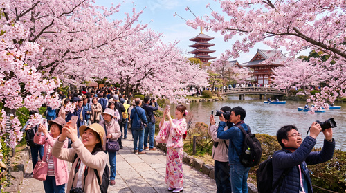 Tourists photographing cherry blossom trees in full bloom at festival, seasonal spring travel concept, sakura tourism, floral celebration, destination season