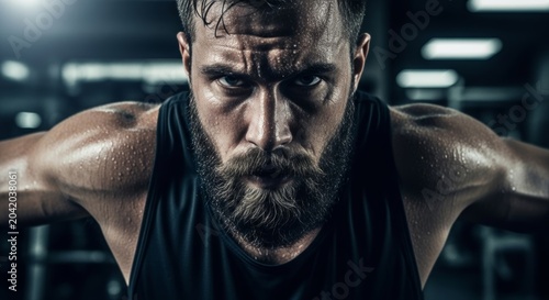 Intense bearded man sweating during workout in gym